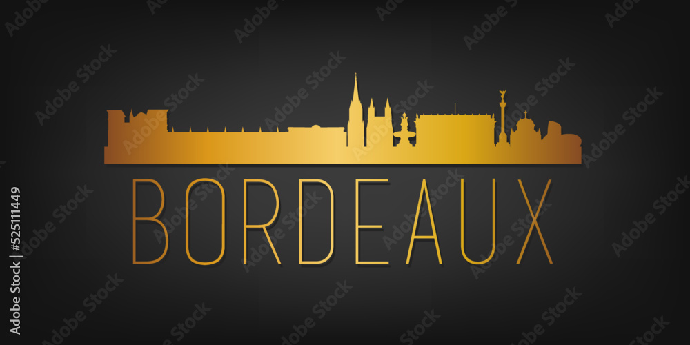 Bordeaux, France Gold Skyline City Silhouette Vector. Golden Design Luxury Style Icon Symbols. Travel and Tourism Famous Buildings.