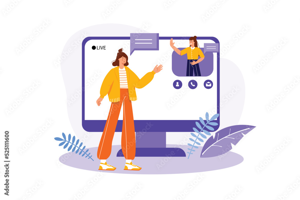Concept Video chatting with people scene in the flat cartoon style. Girl discuss interesting topics with her friend on video chat. Vector illustration.
