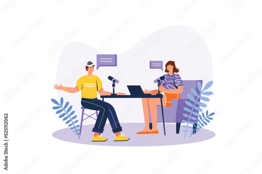 Concept Podcast with people scene in the flat cartoon style. Man records live podcast in a radio studio with host. Vector illustration. Concept Podcast with people scene in the flat cartoon style. Man records live podcast in a radio studio with host. Vector illustration.