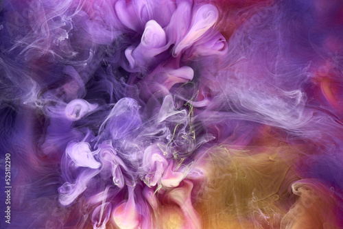 Multicolored yellow lilac smoke abstract background, acrylic paint underwater explosion