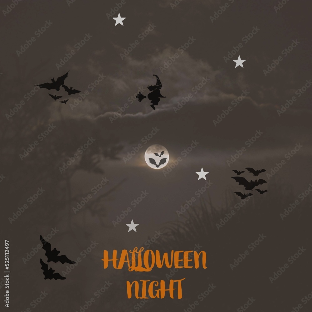 Halloween background with bats moon and witch