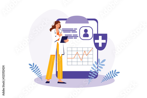 Medical office concept with people scene in the flat cartoon design. Doctor develops a treatment method for patient analyzing his health data. Vector illustration.