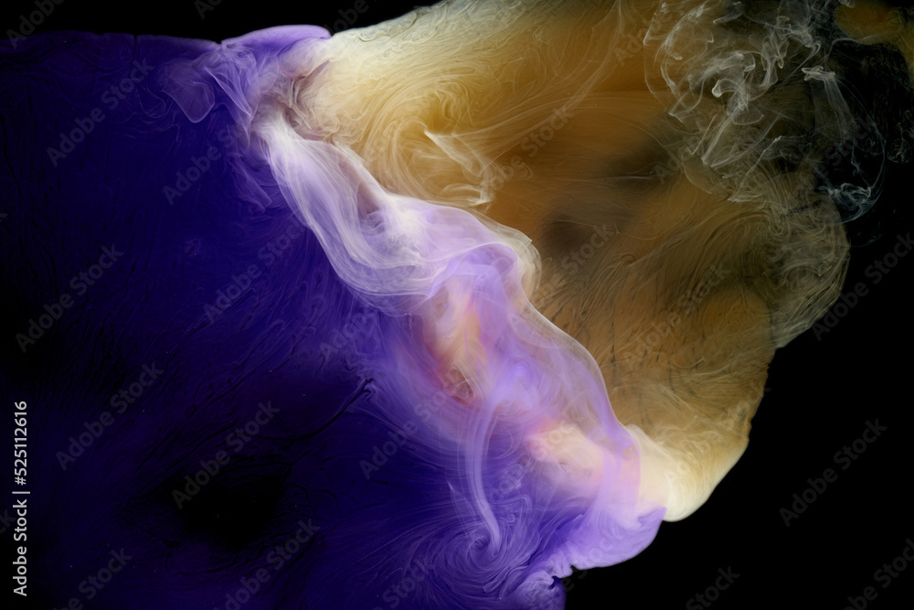 Blue yellow multicolored smoke abstract background, acrylic paint underwater explosion