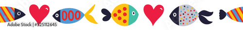 Vector seamless horizontal border with fish and love.