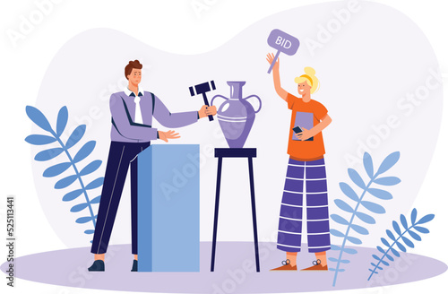 Auction concept with people scene in the flat cartoon design. Auction participant wants to buy an antique vase presented by the host. Vector illustration.