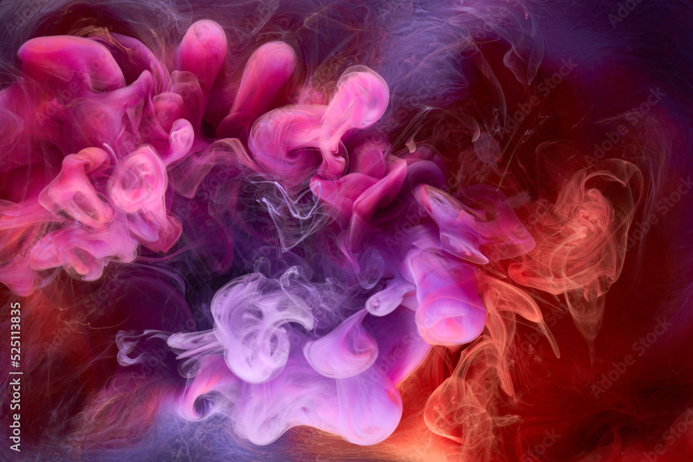 Multicolored pink smoke abstract background, acrylic paint underwater explosion