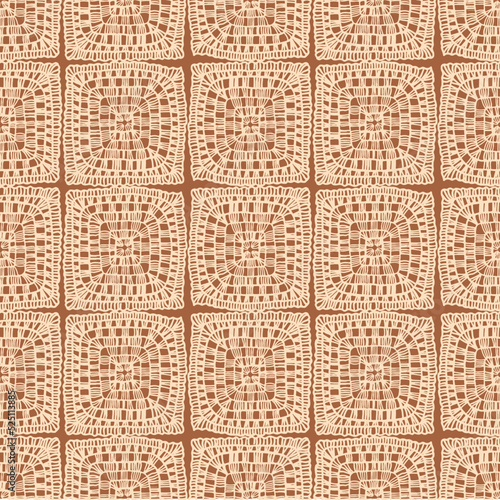 Granny squares pattern in boho brown color Crochet blanket of square elements, handmade multicolored knitted squares, cozy blanket. Vector illustration. Lace textile, knitted background kitchen decor.