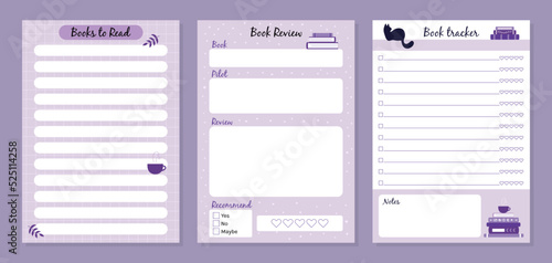 Printable reading list for education. Habit to read every day. Book review journal. Book list print template. Paper plan with cup, cat and leaves. Vector illustration.