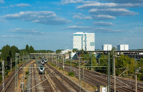 Wolfsburg, Germany - August 12, 2022: View of the train station and high-rise buildings in Wolfsburg