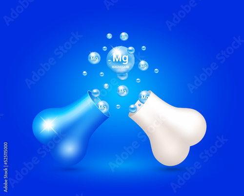 Magnesium float out of the bone capsule. Help heal arthritis knee joint, pain in leg. Healthy bones on blue background. Used for nutrition products food template design. 3D Vector EPS10.