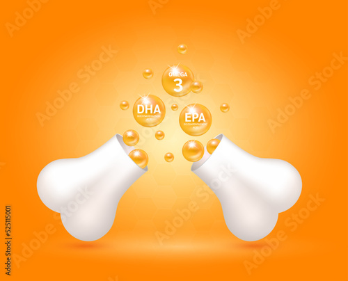 Omega 3 DHA EPA float out of the bone capsule. Help heal arthritis knee joint, pain in leg. Healthy bones on orange background. Used for nutrition products food template design. 3D Vector EPS10.