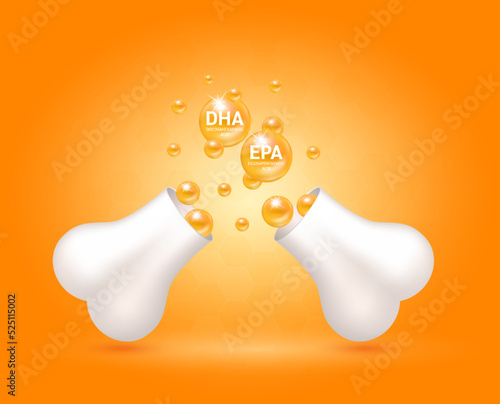 DHA EPA float out of the bone capsule. Help heal arthritis knee joint, pain in leg. Healthy bones on orange background. Used for nutrition products food template design. 3D Vector EPS10.