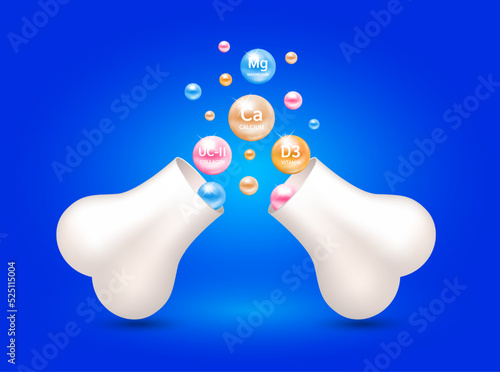Healthy bones. Calcium Collagen UC-II Vitamin D3 and Magnesium float out of the bone capsule. Help heal arthritis knee joint. Used for nutrition products food template design. 3D Vector EPS10.