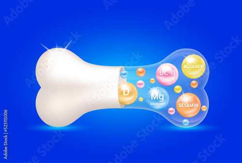 Healthy bones. Collagen UC-II Vitamin D Magnesium Sesamin and Aquamin inside bone capsule. Help heal arthritis knee joint. Used for nutrition products food template design. 3D Vector EPS10. photo