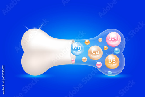 Healthy bones. Collagen UC-II Calcium Vitamin D3 and Magnesium inside bone capsule. Help heal arthritis knee joint. Used for nutrition products food template design. 3D Vector EPS10.