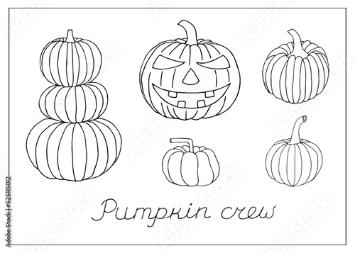 Helloween doodle collection of pumpkins. Hand-drawn realistic and carved scary pumpkins.