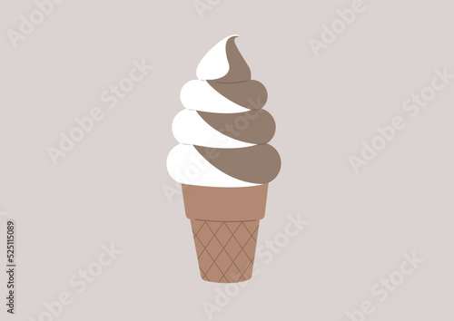 Soft ice cream in a waffle cone, a mixed flavor of vanilla and chocolate