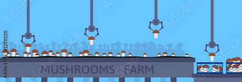 mushrooms farm robotic arm picking mushroom into container automatic process vector illustration