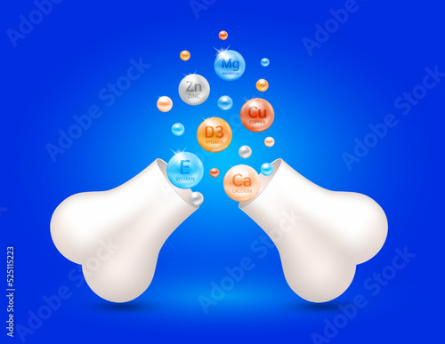 Healthy bones. Minerals Calcium Copper Magnesium and Vitamin D3 float out of the bone capsule. Help heal arthritis knee joint. Used for nutrition products food template design. 3D Vector EPS10.