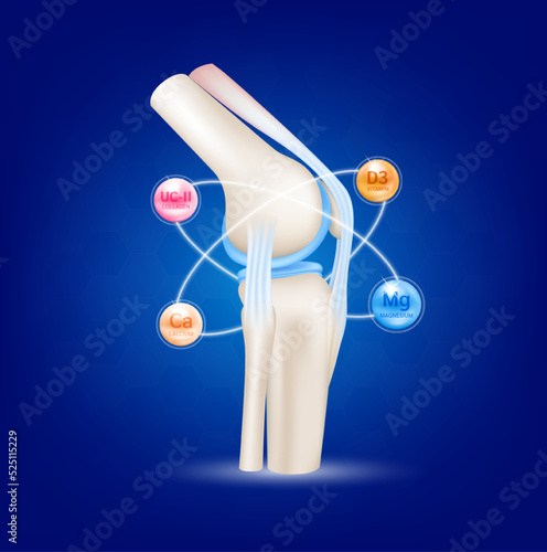 Healthy joint bone and Mineral calcium, magnesium, collagen, vitamin D3. Radius ring surrounds on a blue background. Help heal arthritis knee. 3D realistic vector. For nutrition products design.