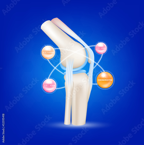 Healthy joint bone and Mineral collagen sesamin and aquamin. Radius ring surrounds on a blue background. Help heal arthritis knee. 3D realistic vector. For nutrition products design.