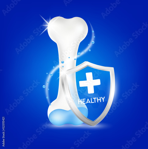 Shield aluminum magnesium,  calcium  transparent and bone human healthy. Foods vitamins minerals logo products template design. Medical food supplement concepts. 3D Realistic Vector EPS10.