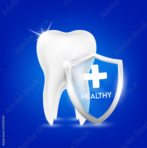 Healthy tooth and shield aluminum transparent. Teeth healthy sparkling white with Calcium, Fluorine and Phosphorus. Used in children dentist clinic. Medical dentistry concept. 3D Realistic Vector.