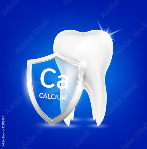 Healthy tooth and shield aluminum transparent calcium. Teeth gums healthy sparkling white. Used in children dentist clinic. Medical dentistry concept. 3D Realistic Vector.