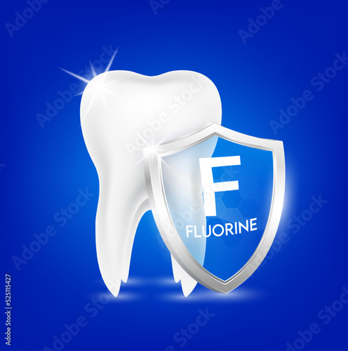 Healthy tooth and shield aluminum transparent fluorine. Teeth gums healthy sparkling white. Used in children dentist clinic. Medical dentistry concept. 3D Realistic Vector.