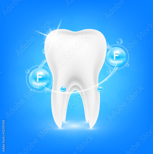 Healthy tooth and bubbles fluorine radius ring surrounds. Teeth gums healthy sparkling white. Medical dentistry concept. 3D Realistic Vector.