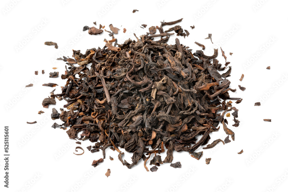 Heap of Chinese Pu Ehr dried tea close up on white background Heap of Chinese Pu Ehr dried tea close up on white background