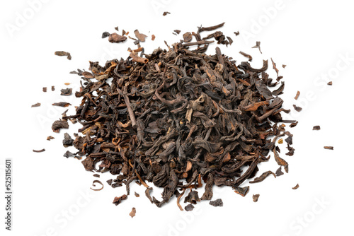 Heap of  Chinese Pu Ehr dried tea close up on white background