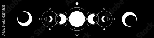 White magic moon phases flat icon illustration. Tattoo, astrology, alchemy, boho and magic symbol. Vector illustration isolated on black background.