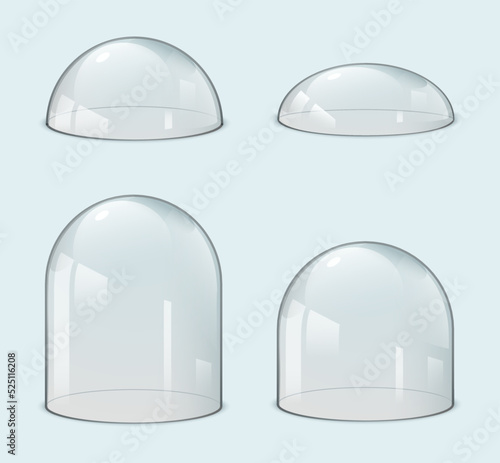 Glass dome bell jar cover. 3d transparent vector glass dome protection case hemisphere empty glassware