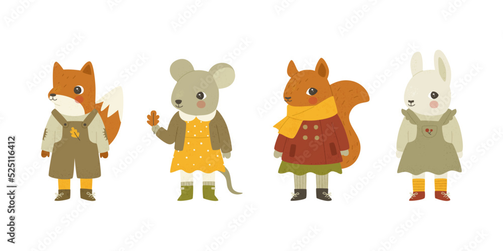 Set of cute baby animals in autumnal clothes. Cartoon dressed animals collection. Set of cute baby animals in autumnal clothes. Cartoon dressed animals collection.