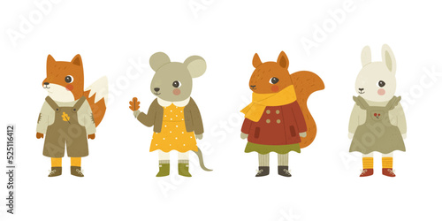 Set of cute baby animals in autumnal clothes. Cartoon dressed animals collection.