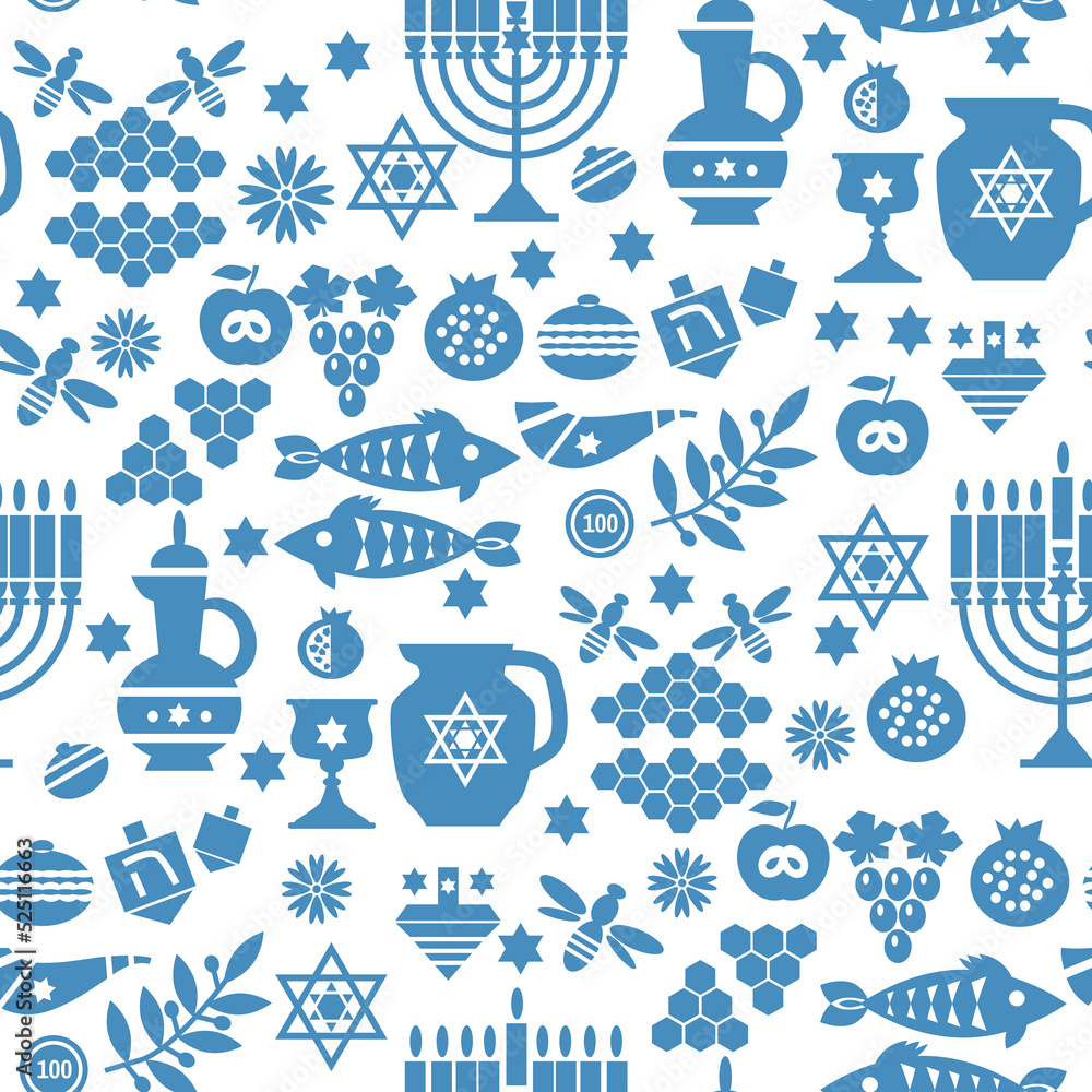 Rosh hashanah , Shana Tova - jewish new year holiday seamless pattern vector template background cartoon flat design Pomegranate, honey, wine, menorah, candle, star David, apple, shofar, flower
Rosh hashanah , Shana Tova - jewish new year holiday seamless pattern vector template background cartoon flat design Pomegranate, honey, wine, menorah, candle, star David, apple, shofar, flower
