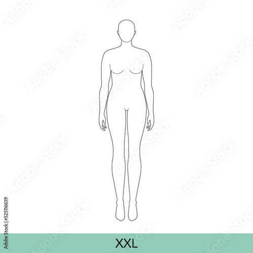 XXL Women Fashion template 9 nine head size Croquis plus size Lady model Curvy body BMI figure front view. Vector outline sketch girl for Fashion Design, Illustration, technical drawing