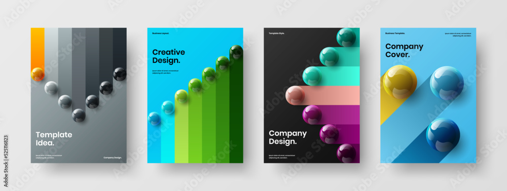 Unique 3D spheres booklet illustration composition. Geometric poster design vector concept collection.