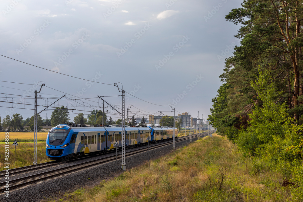 Naklejka premium Długi nowoczesny pociąg regionalny wyjeżdża z miasta