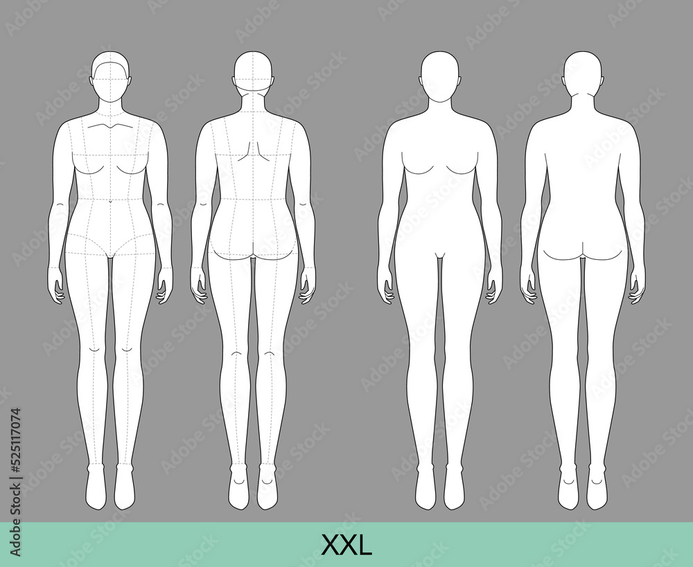 Set of XXL Women Fashion template 9 nine head size Croquis plus size Lady model Curvy body figure front, back view. Vector outline sketch girl for Fashion Design, Illustration, technical drawing Set of XXL Women Fashion template 9 nine head size Croquis plus size Lady model Curvy body figure front, back view. Vector outline sketch girl for Fashion Design, Illustration, technical drawing