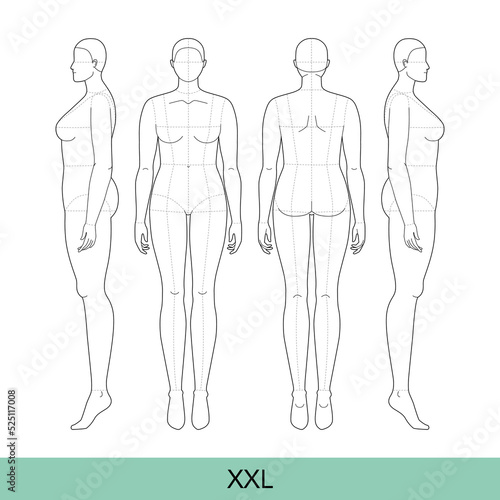 Set of XXL Women Fashion template 9 nine head size Croquis plus size Lady model with main lines Curvy body figure front, side, back view. Vector outline sketch girl for Fashion Design, Illustration