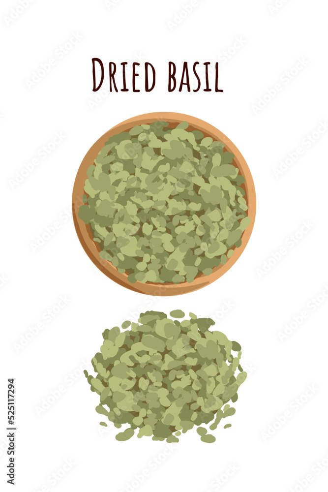 Seasoning Dried basil powder. Flat style, top view. Stock Vector
