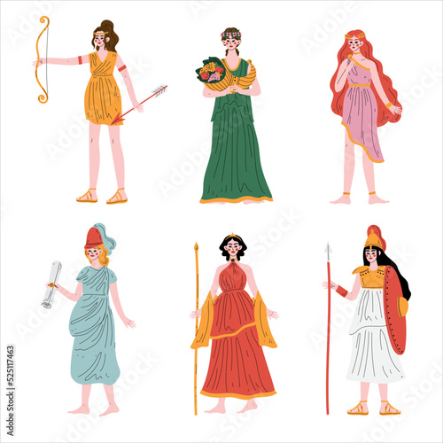 Artemis, Demeter, Aphrodite, Klio, Hera, Athena Olympian Greek Goddesses. Ancient Greece mythology heroes set vector illustration