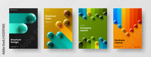 Trendy leaflet A4 design vector template bundle. Fresh 3D spheres book cover concept composition.