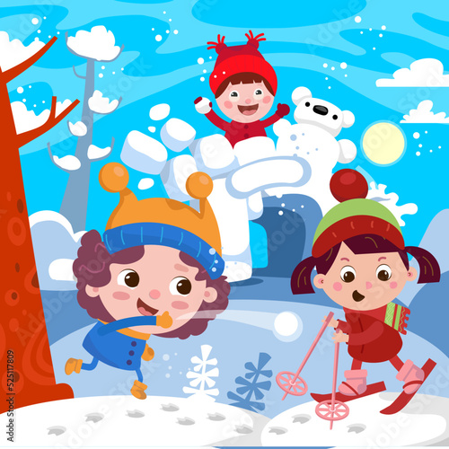 Cute kids playing snowballs in a snow fortress. Playground in winter. Characters in cartoon style skiing, skating, vector illustration.