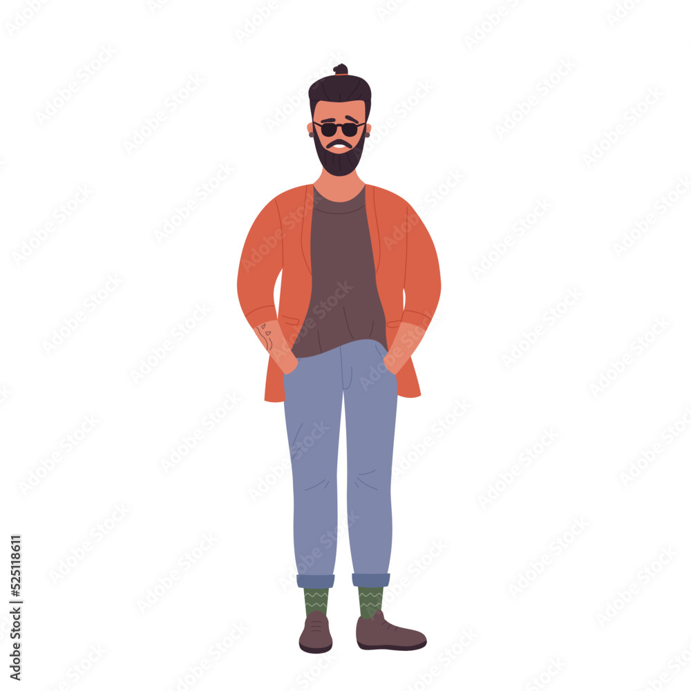 Confident hipster with hands in pockets. Standing model pose vector illustration