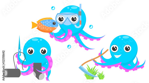 Set Abstract Collection Flat Cartoon Different Animal Blue Octopus Knits A Sock  Diver Vith Fish  Mows The Grass With A Scythe Vector Design Style Elements Fauna Wildlife