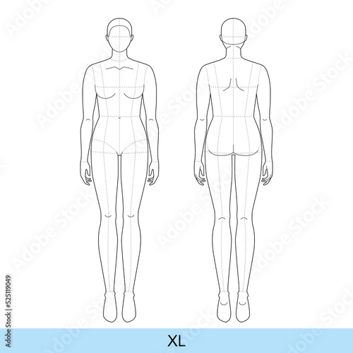 Set of XL Women Fashion template 9 nine head size Croquis plus size Lady model Curvy body figure front back view. Vector outline sketch girl for Fashion Design, Illustration, technical drawing