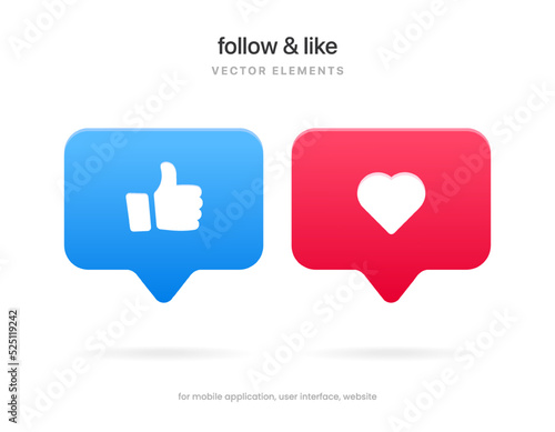 3d social media follow and like user buttons, symbol, sign, emblem. Follower notification icons for website, mobile app, UI UX.